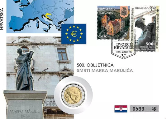 Enveloppe numismatique de 2 euros Croatie 500e anniversaire de la mort de Marco Marulic 2024