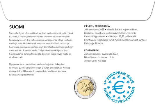 Lettre numismatique de 2 euros Finlande Diplomatie Politique étrangère 2025