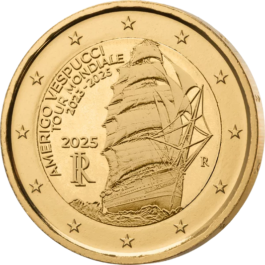 Pièce commémorative de 2 euros « Tour du monde en Italie » d'Amerigo Vespucci, édition premium entièrement plaquée or.