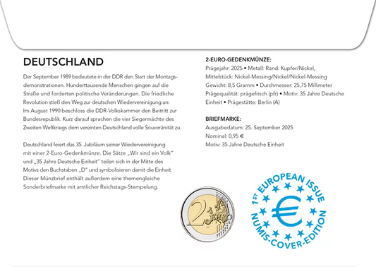 Enveloppe numismatique de 2 euros, Allemagne, 35e anniversaire de la réunification allemande, 2025
