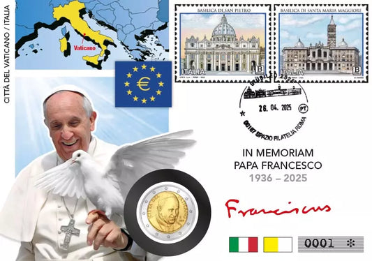 Lettre numismatique de 2 euros du Vatican - En mémoire du pape François