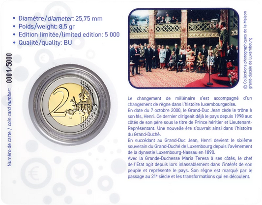 Pièce de 2 euros luxembourgeoise commémorant le 25e anniversaire de l'accession au trône du grand-duc Henri en 2025 (application couleur)