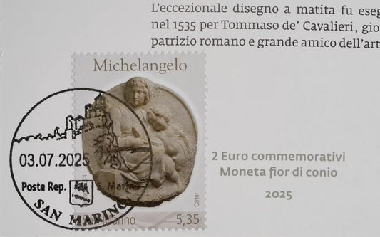 Pièce de 2 euros Saint-Marin, édition premier jour, 550e anniversaire de la naissance de Michel-Ange, 2025