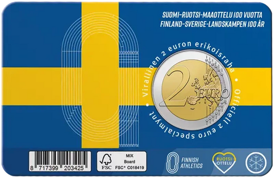 Carte de 2 euros commémorant le centenaire de la compétition d'athlétisme Finlande-Suède 2025. Langue au choix.
