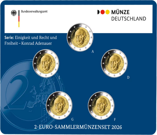 5 x 2 euros République fédérale d'Allemagne Premier chancelier - Konrad Adenauer 2026 État neuf (A-J) sous blister