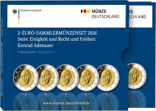 5 x 2 euros République fédérale d'Allemagne Premier chancelier - Konrad Adenauer 2026 Épreuve (A-J) sous blister