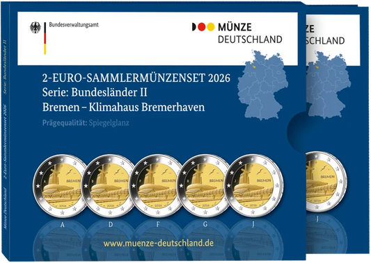 Plaque polie 5 x 2 Euro BRD Bremen - Klimahaus Bremerhaven 2026 (A-J) avec dossier