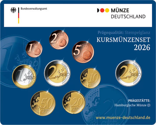 Coffrets de 5 pièces d'un euro Allemagne 2026 Brillant Universel (A-J) sous blister, comprenant 2 pièces Climate House en euros