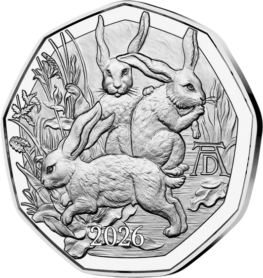 Pièce de Pâques autrichienne de 5 euros - Le Trio des Lièvres de Dürer 2026