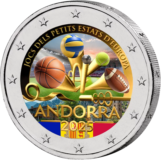 2 Euro Andorra Jeux des Petits États d'Europe 2025 avec application couleur