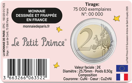 Carte de 2 euros France 80 ans du Petit Prince - Livre et Renard 2026