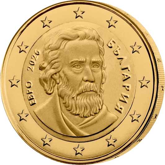 Pièce bulgare de 2 euros, Paissi par Hilandar, en édition premium entièrement plaquée or