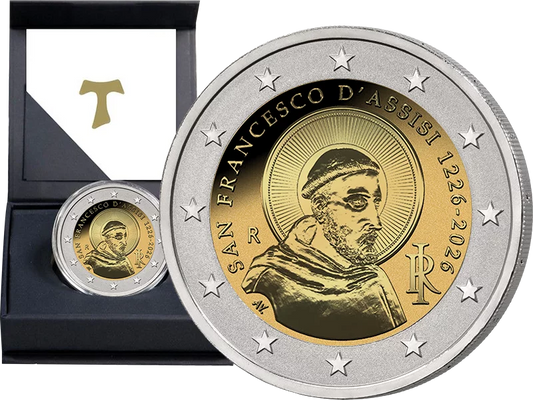 Pièce de 2 euros Italie 800e anniversaire de la mort de François d'Assise 2026, épreuve inversée