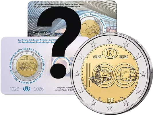 Pièce de 2 euros Belgique 100 ans des Chemins de fer d'État belges 2026, en carte à pièces, dans la langue de votre choix