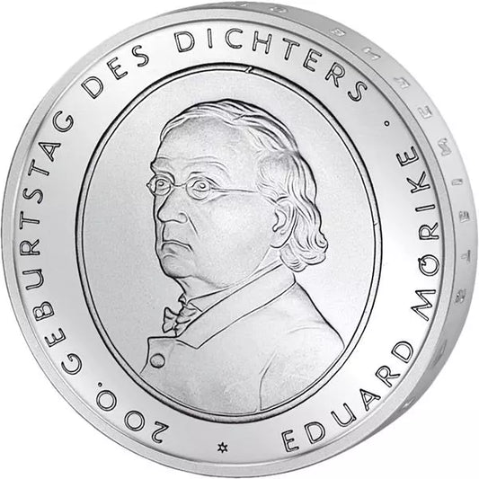 Pièce de 10 euros, République fédérale d'Allemagne, 200e anniversaire de la naissance d'Eduard Mörike, 2004. État neuf.
