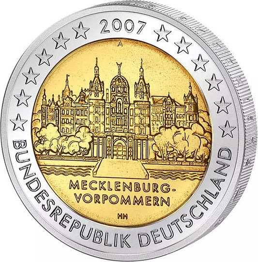 Pièce de 2 euros de la République fédérale d'Allemagne (Mecklembourg-Poméranie-Occidentale), château de Schwerin, 2007, en parfait état.