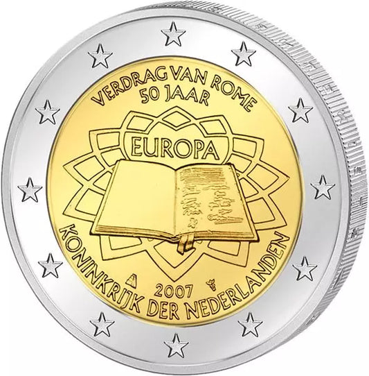 Pièce de 2 euros commémorant les traités de Rome, émise conjointement, en parfait état, Pays-Bas