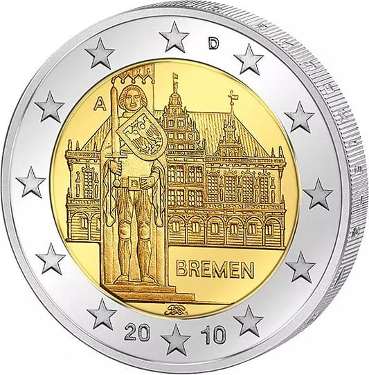 Pièce de 2 euros, hôtel de ville de Brême et statue de Roland, 2010