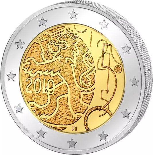 Pièce de 2 euros finlandaise, commémorant les 150 ans de la monnaie finlandaise (2010), en état neuf.