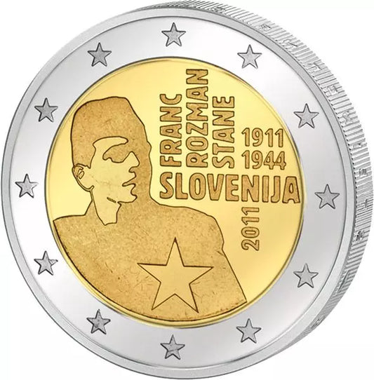 Pièce de 2 euros slovène commémorant le centenaire de Franc Rozman (2011), en parfait état.