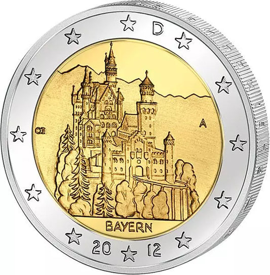Pièce de 2 euros, Allemagne, Bavière, Château de Neuschwanstein, 2012, en parfait état