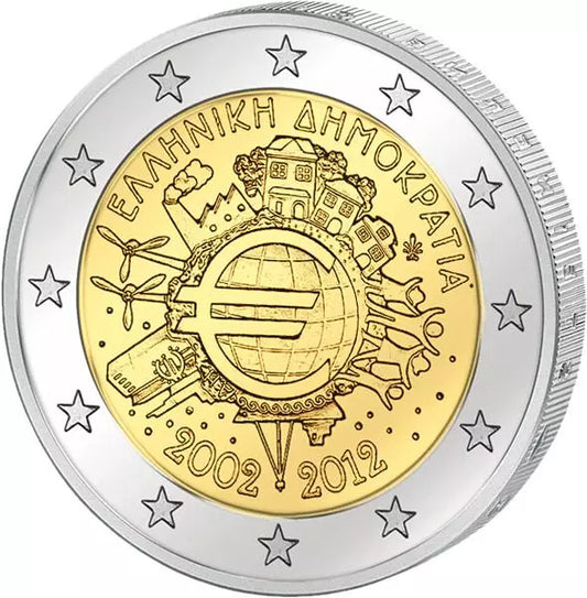 Pièce de 2 euros Grèce, commémorant les 10 ans de l'euro (émission conjointe de tous les pays, 2012), en parfait état