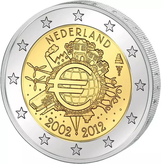 Pièce de 2 euros Pays-Bas, commémorant les 10 ans de l'euro, émission conjointe de tous les pays, 2012, état neuf
