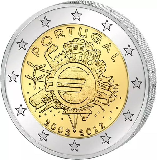 Pièce de 2 euros Portugal, commémorant les 10 ans de l'euro, émission conjointe de tous les pays, 2012, état neuf