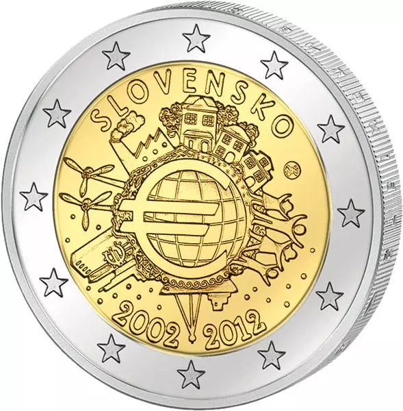 Pièce de 2 euros Slovaquie 10 ans de l'euro Émission conjointe de tous les pays 2012 État neuf