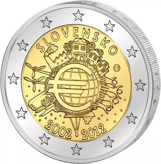Pièce de 2 euros Slovaquie 10 ans de l'euro Émission conjointe de tous les pays 2012 État neuf