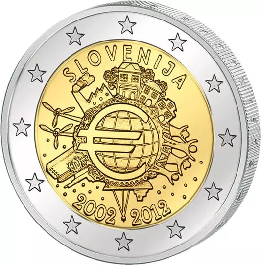 Pièce de 2 euros Slovénie 10 ans de l'euro Émission conjointe de tous les pays 2012 État neuf