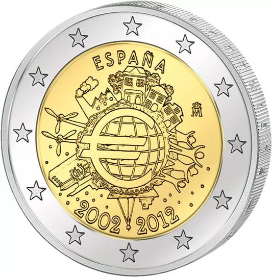 Pièce de 2 euros Espagne 10 ans de l'euro Émission conjointe de tous les pays 2012 État neuf