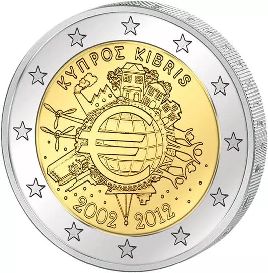 Pièce de 2 euros chypriote, commémorant les 10 ans de l'euro (émission conjointe de tous les pays, 2012), en parfait état.