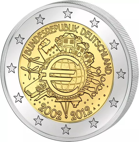 Pièce de 2 euros de la République fédérale d'Allemagne, commémorant les 10 ans de l'euro (émission conjointe de tous les pays, 2012), en parfait état.