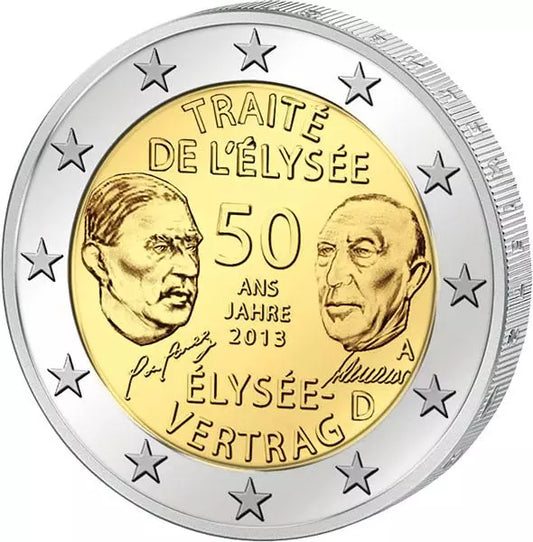 Pièce de 2 euros allemande commémorant le 50e anniversaire du traité de l'Élysée (2013), en parfait état.