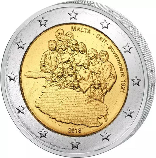 Pièce de 2 euros, émise par l'Institution d'autonomie de Malte en 2013. État neuf, sans marque d'atelier.