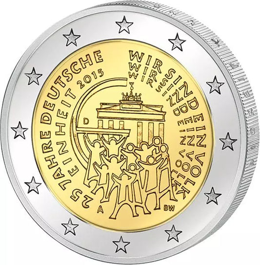 Pièce de 2 euros de la République fédérale d'Allemagne, commémorant les 25 ans de l'unité allemande (2015), en parfait état.