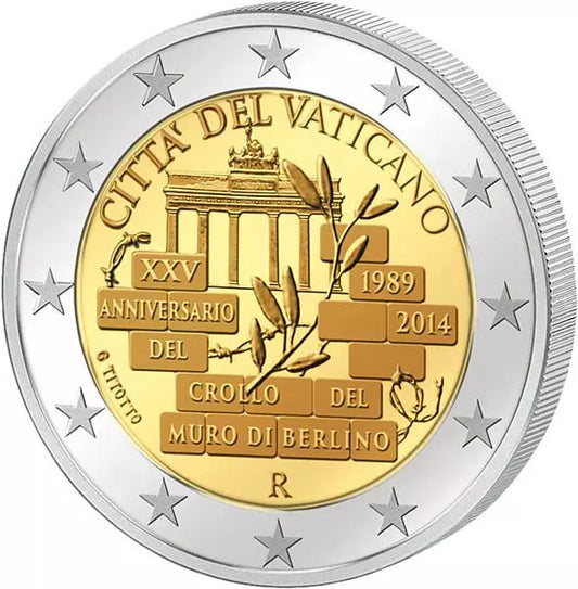 Pièce de 2 euros du Vatican, commémorant le 25e anniversaire de la chute du mur de Berlin (2014), en parfait état, sous blister.