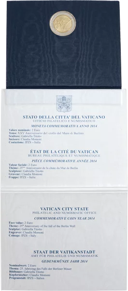 Pièce de 2 euros du Vatican, commémorant le 25e anniversaire de la chute du mur de Berlin (2014), en parfait état, sous blister.