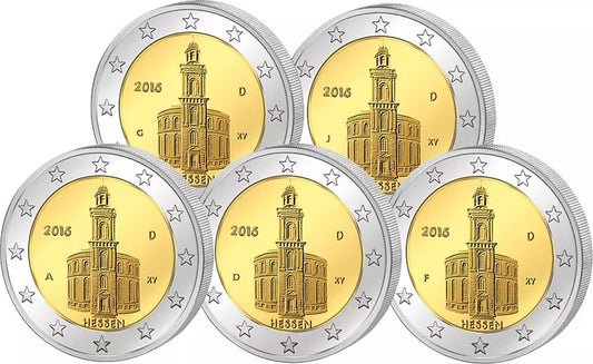 5 pièces de 2 euros République fédérale d'Allemagne Hesse Francfort Paulskirche 2015 État neuf (A-J)
