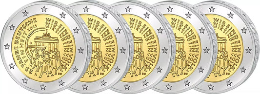 5 pièces de 2 euros, Allemagne, 25 ans d'unité allemande 2015, état neuf (A-J)