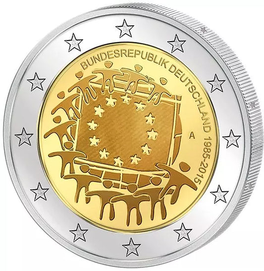 Pièce de 2 euros commémorant les 30 ans du drapeau européen (émission conjointe de tous les pays, 2015), en parfait état.