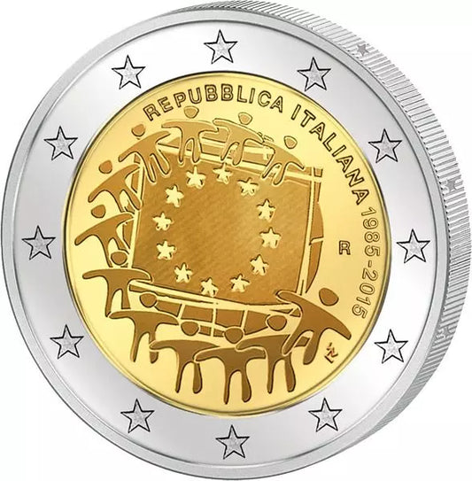 Pièce de 2 euros Italie 30 ans du drapeau européen Émission conjointe de tous les pays 2015 État neuf