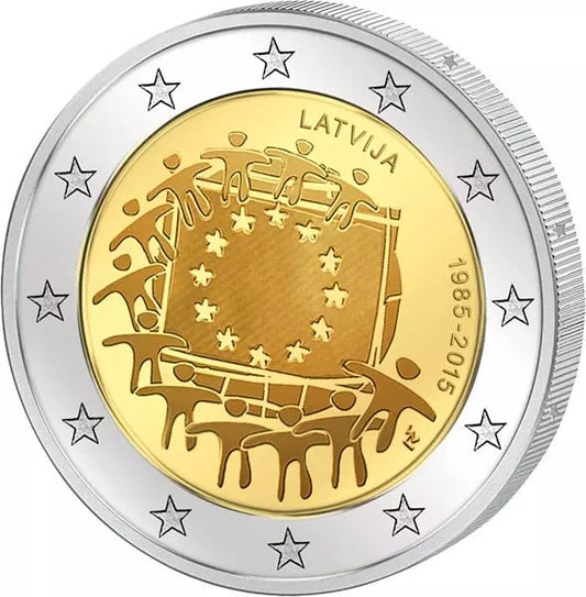 Pièce de 2 euros de Lettonie, commémorant les 30 ans du drapeau européen (émission conjointe de tous les pays, 2015), en parfait état.