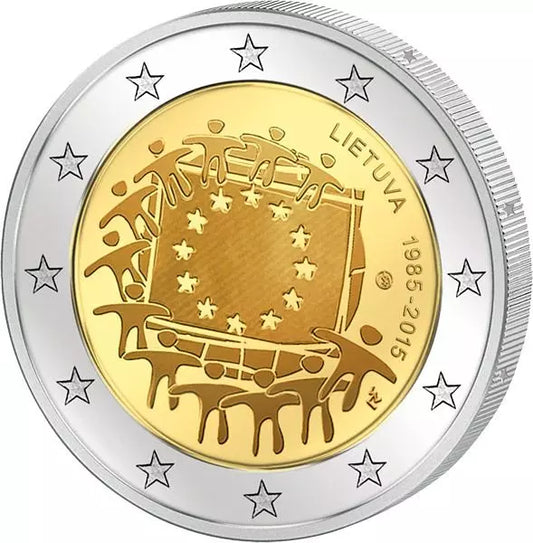 Pièce de 2 euros de Lituanie, commémorant les 30 ans du drapeau européen (émission conjointe de tous les pays, 2015), en parfait état.