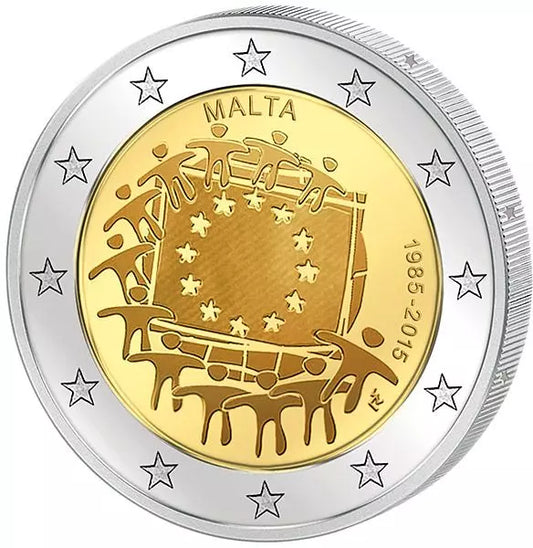 Pièce de 2 euros de Malte, commémorant les 30 ans du drapeau européen (émission conjointe de tous les pays, 2015), en parfait état.