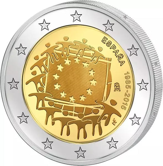 Pièce de 2 euros Espagne 30 ans du drapeau européen Émission conjointe de tous les pays 2015 État neuf