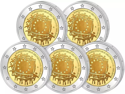 5 pièces de 2 euros RFA 30 ans du drapeau européen Émission conjointe de tous les pays 2015 État neuf (A-J)