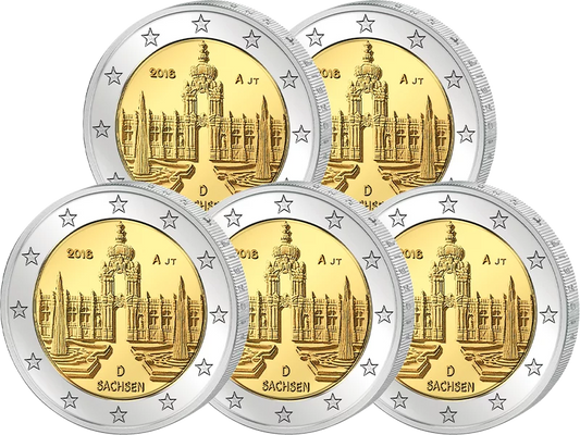 5 pièces de 2 euros, Allemagne, Saxe, Dresde Zwinger, 2016, état neuf