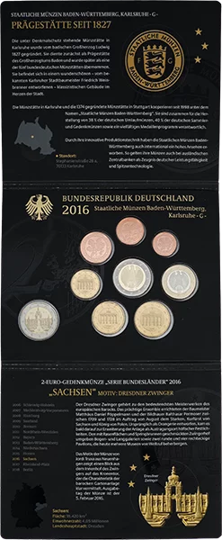 Coffret de pièces en euros d'Allemagne (Saxe) comprenant une pièce commémorative de 2 euros de Dresde (Zwinger) 2016, qualité Belle Épreuve